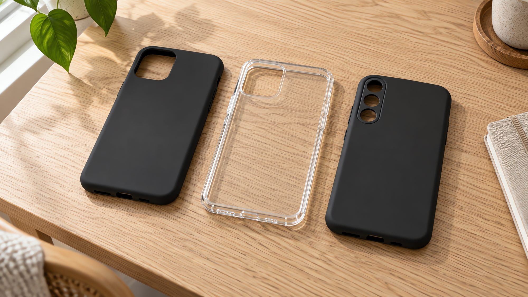 Drei Handyhüllen auf einem Holztisch: schwarz, transparent, schwarz